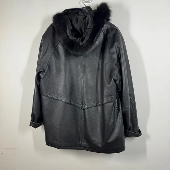 Bod & Christensen Black Leather Coat Size L Quilted Lined Hooded Jacket - Picture 9 of 16